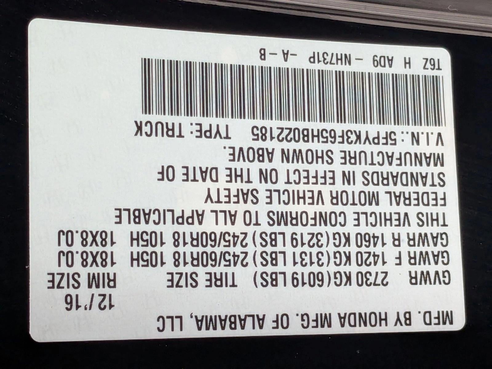 2017 Honda Ridgeline RTL-T