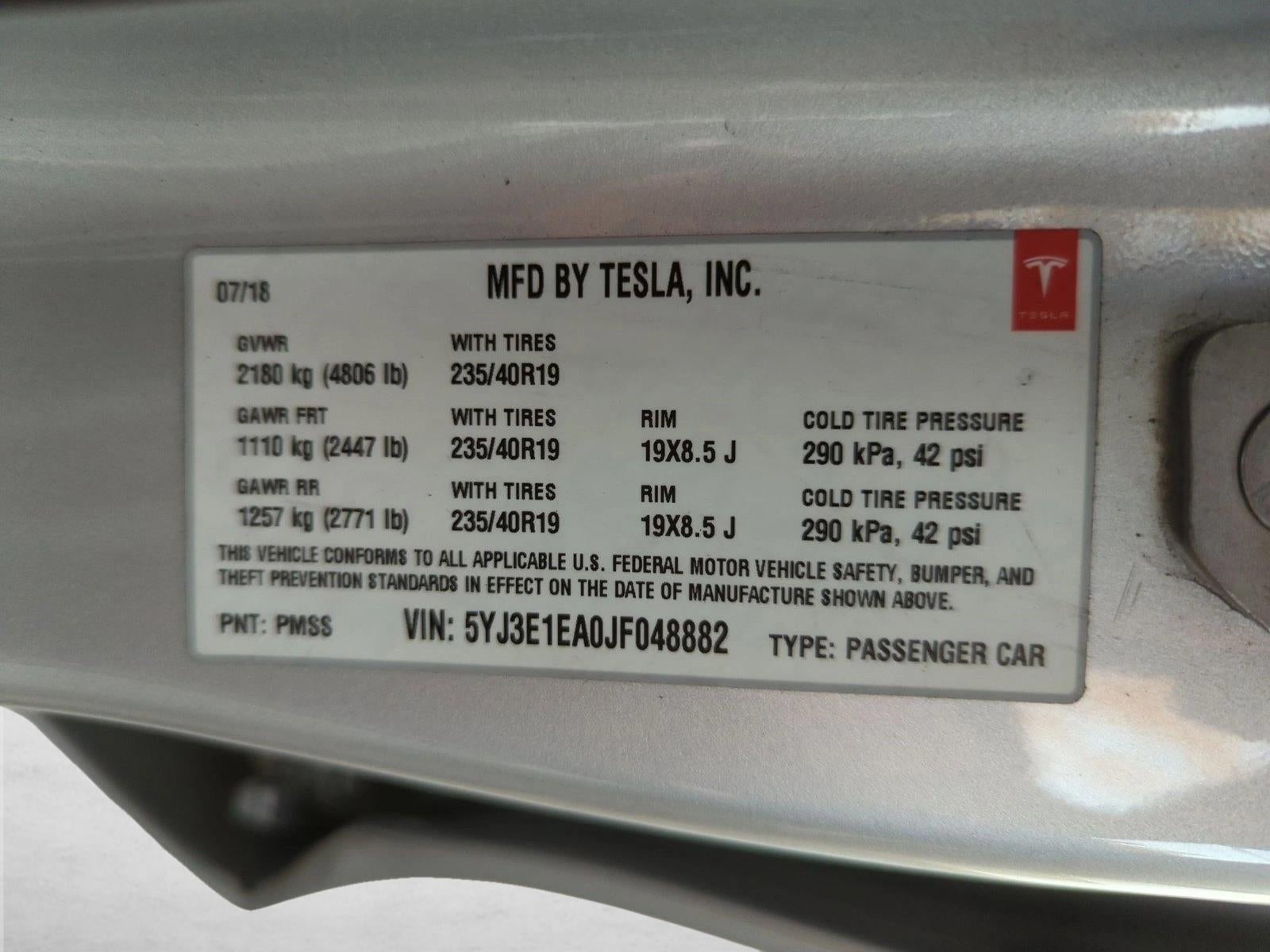 2018 Tesla Model 3 Long Range Battery RWD