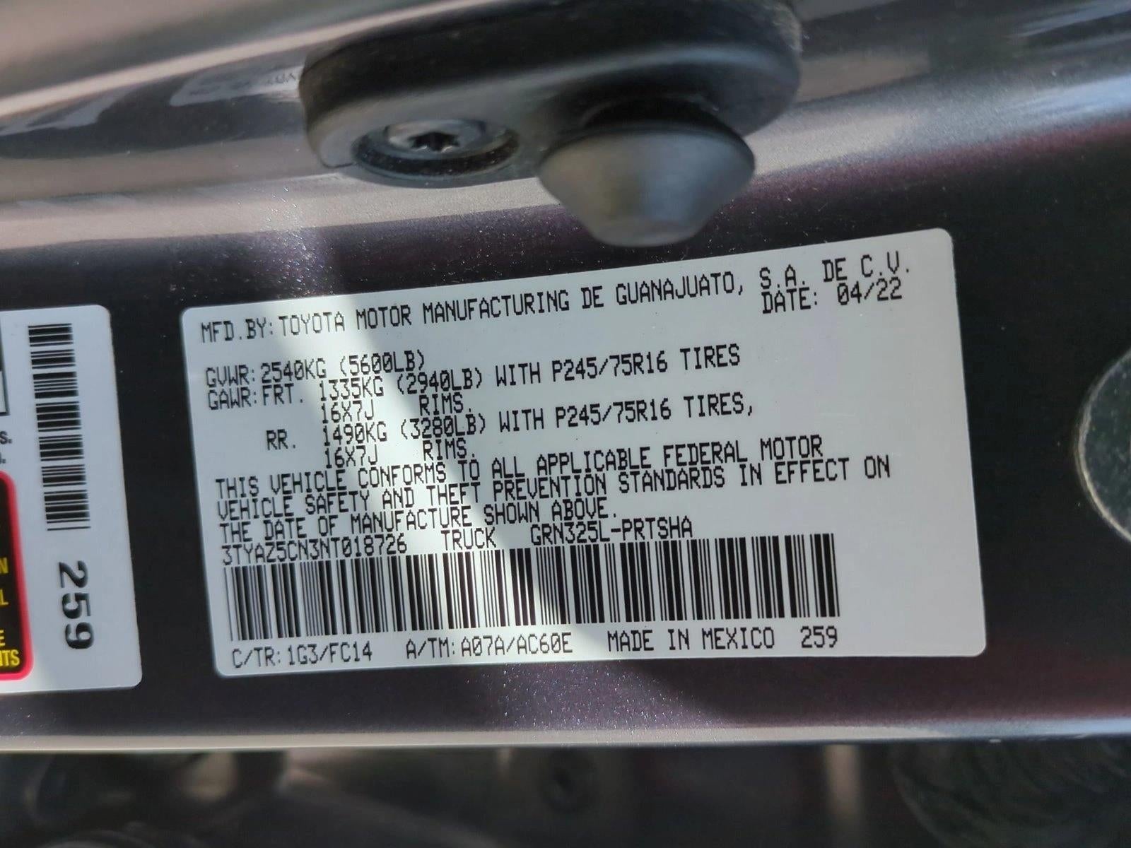 2022 Toyota Tacoma 2WD 2WD SR5 Double Cab 5' Bed V6 AT (GS)